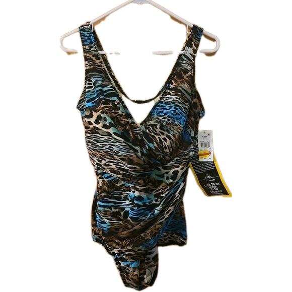 Miraclesuit Blue Leopard Cheetah Animal Print Swimsuit Oceanus 18W New! - Picture 1 of 8